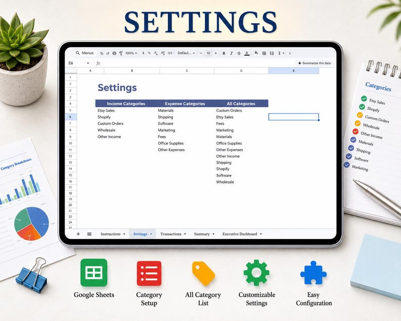 May include: A tablet displaying a spreadsheet titled Settings with columns for Income Categories, Expense Categories, and All Categories. Below the tablet are five icons labeled Google Sheets, Category Setup, All Category List, Customizable Settings, and Easy Configuration.