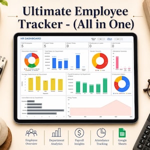 Pode incluir: Um tablet digital exibindo um painel de RH intitulado Ultimate Employee Tracker - (All in One). A tela mostra várias visualizações de dados, incluindo gráficos de pizza, barras e linhas para métricas de funcionários e folha de pagamento.