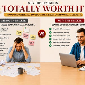 Puede incluir: Infograf&iacute;a que compara los beneficios de usar un rastreador. El texto dice "Por qu&eacute; este rastreador vale totalmente la pena". El lado "Sin un rastreador" muestra a una persona estresada rodeada de papeles. El lado "Con este rastreador" muestra a una persona sonriente usando una laptop.