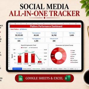 Peut inclure: Une tablette numérique affichant une feuille de calcul Social Media All-In-One Tracker avec un tableau de bord de performance, incluant des tableaux de données, un graphique à barres et un graphique en secteurs pour les conversions.