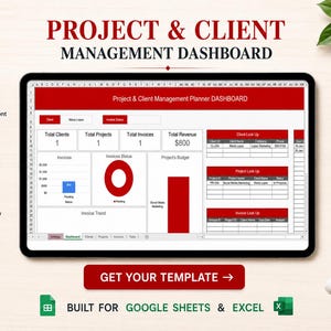 Peut inclure: Un tableau de bord numérique de gestion de projets et de clients affiché sur une tablette. L'interface présente des sections rouges et blanches avec des tableaux de données, un graphique à barres et un graphique en anneau pour le suivi.