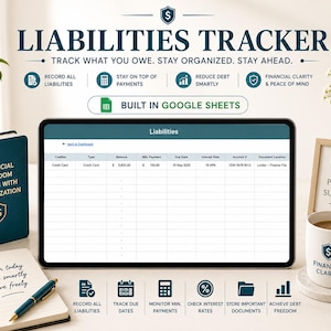 May include: A digital liabilities tracker displayed on a tablet, with text that reads "Liabilities Tracker." The image includes a notebook, a mug with "Financial Clarity," and a framed sign. The tracker is built in Google Sheets.