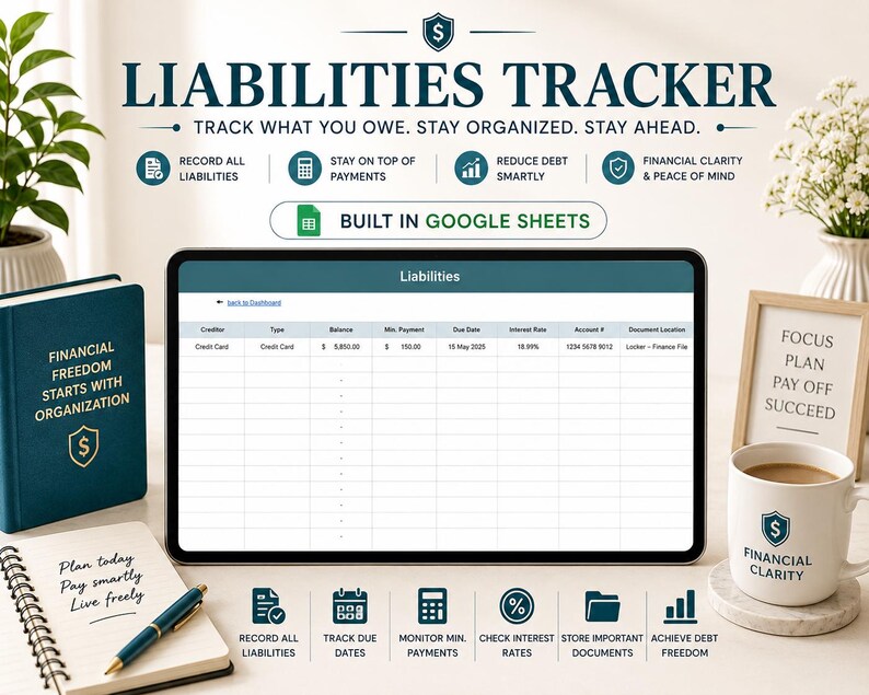 May include: A digital liabilities tracker displayed on a tablet, with text that reads "Liabilities Tracker." The image includes a notebook, a mug with "Financial Clarity," and a framed sign. The tracker is built in Google Sheets.
