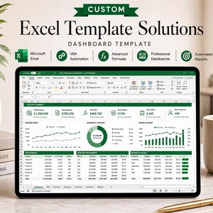 Pode incluir: Um tablet digital exibe um modelo de painel do Excel com dados financeiros, gráficos e diagramas. A tela mostra receitas, despesas e métricas de lucro. O texto inclui "Excel Template Solutions" e "Dashboard Template."