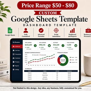 以下が含まれることがあります： 財務データ、収益チャート、サイドバーメニューを備えたカスタムGoogleスプレッドシートダッシュボードテンプレートを表示するデジタルタブレット。画面には、My Business、Dashboard、Overview、Transactions、Customers、Products、Reports、Settingsなどのテキストが表示されています。