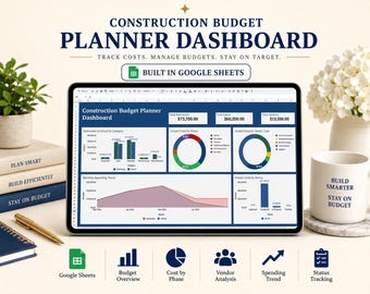 Plantilla de presupuesto y estimación de construcción en Google Sheets / Calculadora de ofertas, seguimiento de costos, presupuesto del contratista, planificador de renovaciones