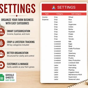 May include: A digital settings display for farm business organization. The red header reads "SETTINGS" and lists categories like income, expense, crop, and livestock. The image also includes the text "ORGANIZE YOUR FARM BUSINESS WITH EASY CATEGORIES."