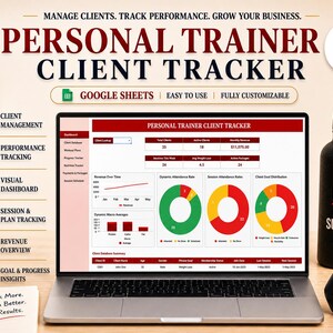 May include: A laptop displays a "Personal Trainer Client Tracker" spreadsheet with charts and data. The screen shows client management, performance tracking, and revenue overview. A black water bottle and dumbbells are on the right.