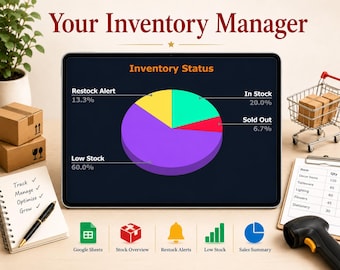 Plantilla de seguimiento de inventario / Panel de control de gestión de existencias / Planificador y sistema de control de inventario (Google Sheets) / Descarga digital