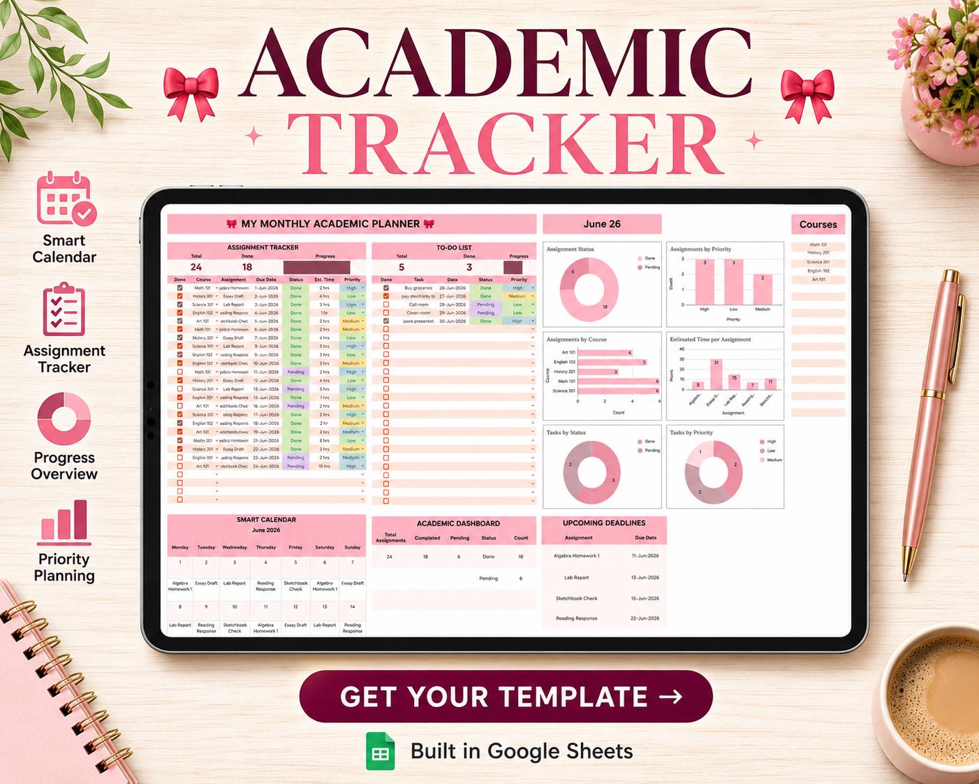 Student Planner Google Sheets Assignment Tracker Academic Dashboard College Spreadsheet Class Semester Homework Calendar University Study
