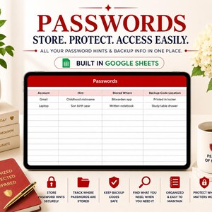 May include: A digital password organizer displayed on a tablet, with the words "PASSWORDS" and "STORE. PROTECT. ACCESS EASILY." The image includes a notebook, a mug with "PEACE OF MIND," and decorative plants. The organizer is built in Google Sheets.