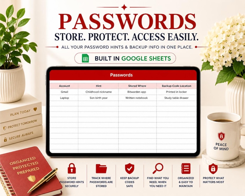 May include: A digital password organizer displayed on a tablet, with the words "PASSWORDS" and "STORE. PROTECT. ACCESS EASILY." The image includes a notebook, a mug with "PEACE OF MIND," and decorative plants. The organizer is built in Google Sheets.