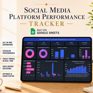 May include: A digital tablet displays a social media platform performance tracker. The dashboard shows data visualizations, including charts and graphs, with the text "Social Media Platform Performance Tracker" and "Built for Google Sheets."