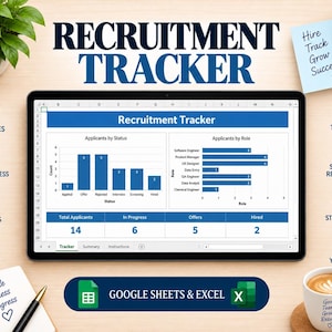 Peut inclure: Un outil de suivi de recrutement numérique affiché sur une tablette, présentant des graphiques à barres pour les candidats par statut et rôle, avec des totaux pour les candidatures, en cours, offres et recrutés. Marque Google Sheets et Excel.