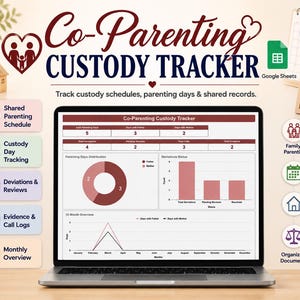 Peut inclure: Un ordinateur portable affiche un "Suivi de garde partagée" avec des graphiques et des données. L'écran présente un calendrier de garde partagée, le suivi des journées de garde et les revues. Des icônes de famille, de calendrier de garde et de foyer partagé sont visibles.
