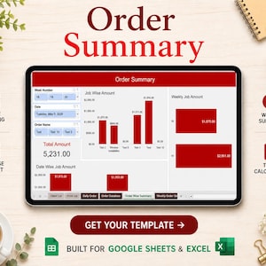 Könnte beinhalten: Ein digitales Tablet mit einem Order Summary Dashboard, das rote Balkendiagramme, Datentabellen und einen Gesamtbetrag von 5.231,00 anzeigt. Der Bildschirm enthält Navigationstabs sowie den Text GET YOUR TEMPLATE und BUILT FOR GOOGLE SHEETS & EXCEL.