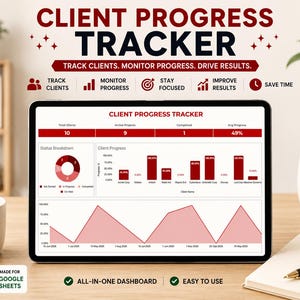 May include: A digital tablet displays a "Client Progress Tracker" dashboard with red and white data visualizations. The text reads "Track Clients. Monitor Progress. Drive Results." Other text includes "All-in-one dashboard" and "Easy to use."