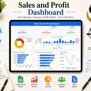 May include: A digital tablet displaying a Sales and Profit Dashboard with charts, graphs, and financial data. The screen shows revenue, cost, and profit metrics, with text headers including Sales and Profit Dashboard and Track Revenue, Expenses, Profit & More.