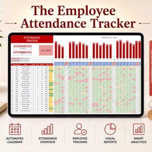 Könnte beinhalten: Ein digitaler Tablet-PC, der "The Employee Attendance Tracker" mit einer detaillierten Anwesenheitsliste anzeigt. Der Bildschirm zeigt Mitarbeiternamen, Anwesenheitsdaten und einen Kalender. Das Bild enthält auch Bücher, eine Kaffeetasse und Symbole.