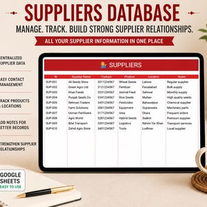 May include: A tablet displays a supplier database with headings: ID, Supplier Name, Contact, Product, Location, and Notes. The screen shows a spreadsheet with supplier details. The image includes a coffee cup, a pen, and a notepad.