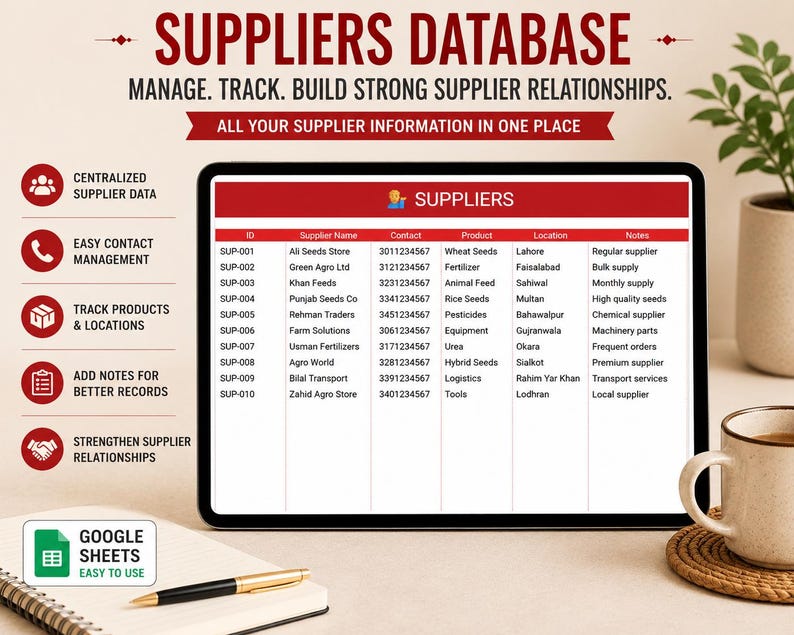 May include: A tablet displays a supplier database with headings: ID, Supplier Name, Contact, Product, Location, and Notes. The screen shows a spreadsheet with supplier details. The image includes a coffee cup, a pen, and a notepad.