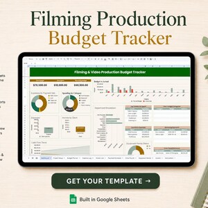 Könnte beinhalten: Eine digitale Vorlage für einen Filmproduktions-Budget-Tracker auf einem Tablet-Bildschirm. Die Benutzeroberfläche zeigt ein Dashboard mit Diagrammen und Tabellen zur Verfolgung von Ausgaben und Einnahmen. Text: Filming Production Budget Tracker, Built in Google Sheets, GET YOUR TEMPLATE.
