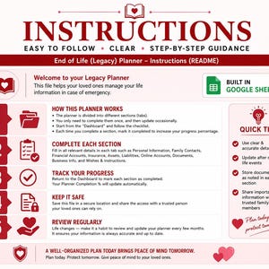 May include: A red and white infographic titled "Instructions" for an End of Life Planner. The guide provides step-by-step instructions, including how the planner works, completing sections, tracking progress, and keeping information safe.