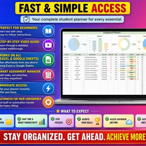 以下が含まれることがあります： ラップトップには、グラフとデータを含む学生プランナーインターフェースが表示されています。画像には「FAST & SIMPLE ACCESS」と「STAY ORGANIZED. GET AHEAD. ACHIEVE MORE!」というテキストが含まれています。追加のテキストは、初心者向けの指示などの機能を強調しています。