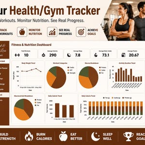 May include: A digital health and fitness dashboard with the text "Your Health/Gym Tracker." It displays workout data, nutrition information, and progress tracking. Includes charts, graphs, and icons for workouts, nutrition, and goals.