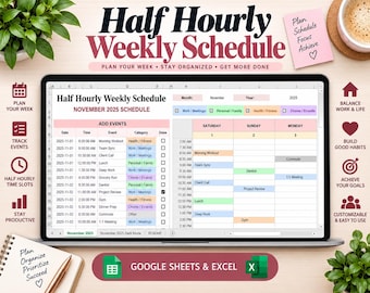 Half Hourly Weekly Schedule | Excel and Google Sheets | 30-Min Time Blocking Planner | Editable Weekly Planner | 5AM–6AM Undated Schedule