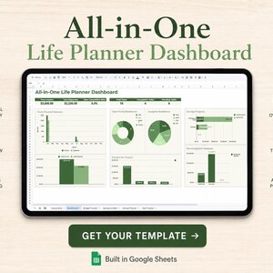 Könnte beinhalten: Ein digitales All-in-One Life Planner Dashboard auf einem Tablet-Bildschirm mit grün gestalteten Diagrammen, Finanzübersichten, Aufgabenverfolgung und Schuldenübersichten. Die Benutzeroberfläche enthält Symbole für Finanzübersicht, Aufgabenübersicht, Sparverfolgung, Schuldenübersicht, Aufgabenverfolgung und Jahresplaner sowie eine Schaltfläche mit der Aufschrift GET YOUR TEMPLATE.