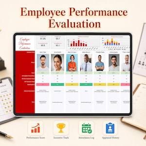 May include: A digital tablet displaying an employee performance evaluation form with charts, graphs, and employee photos. The text "Employee Performance Evaluation" is at the top. A gold star trophy, notepad, pen, and other office supplies are also visible.