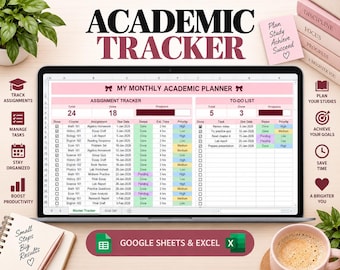Student Planner | Excel and Google Sheets | Assignment Tracker | Academic Dashboard | College & University Study Planner | Homework Calendar