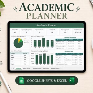Peut inclure: Un planificateur académique numérique affiché sur un écran de tablette, présentant un tableau de bord avec des données de suivi des notes, des devoirs et des examens. L'interface inclut des graphiques, des tableaux et des indicateurs en vert foncé et blanc, compatible avec Google Sheets et Excel.