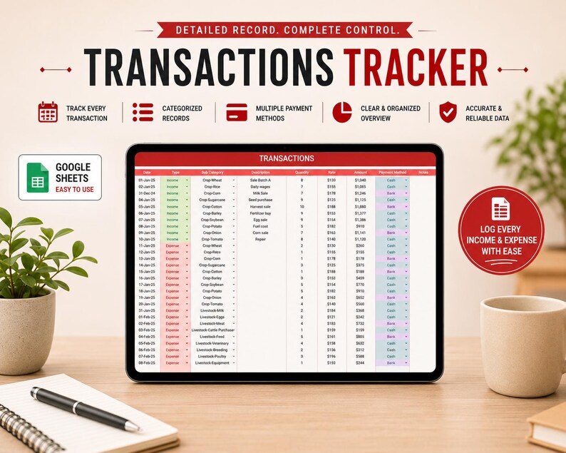 May include: A digital tablet displaying a "Transactions Tracker" spreadsheet. The screen shows rows of financial data with columns for dates, descriptions, and amounts. Text on the image includes "Detailed Record. Complete Control." and "Google Sheets Easy to Use."