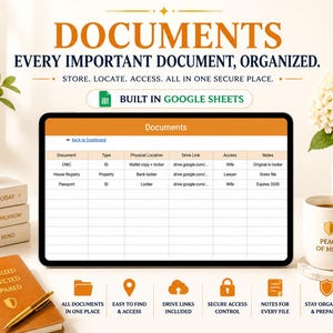May include: A digital tablet displays a document management system interface with the word "Documents" at the top. The image includes text: "EVERY IMPORTANT DOCUMENT, ORGANIZED." Other items include a coffee mug, a notebook, and decorative plants.