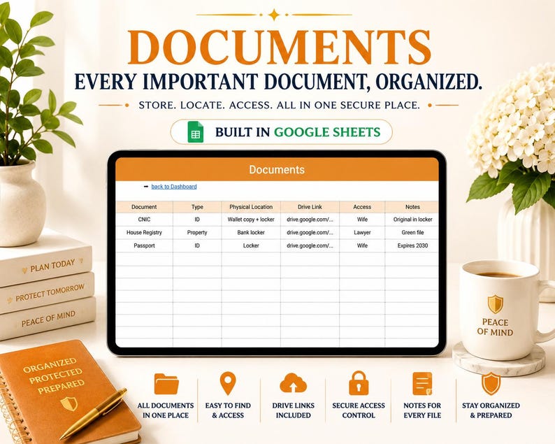 May include: A digital tablet displays a document management system interface with the word "Documents" at the top. The image includes text: "EVERY IMPORTANT DOCUMENT, ORGANIZED." Other items include a coffee mug, a notebook, and decorative plants.