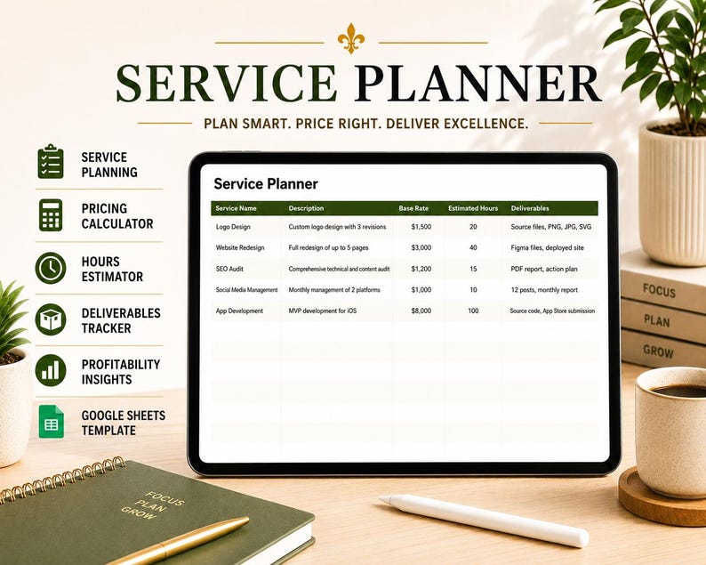 Op de afbeelding: Een digitale serviceplanner weergegeven op een tablet, met een groene en witte tabel. De tekst "SERVICE PLANNER" staat bovenaan. De planner bevat servicenamen, beschrijvingen, basistarieven en deliverables. Een notitieboek en pen staan op de voorgrond.