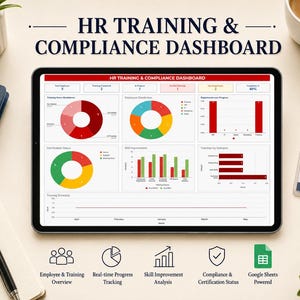 May include: A tablet displaying an HR Training & Compliance Dashboard with various data visualizations including donut charts, bar graphs, and progress metrics. The screen shows sections for employee distribution, certification status, and training schedules.