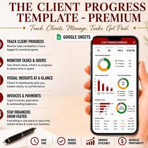 Peut inclure: Un mod&egrave;le num&eacute;rique de suivi client pour Google Sheets affich&eacute; sur un &eacute;cran de smartphone. Le tableau de bord pr&eacute;sente une image de marque rouge et blanche, montrant des graphiques, le statut des t&acirc;ches et des revenus. Texte : THE CLIENT PROGRESS TEMPLATE - PREMIUM.