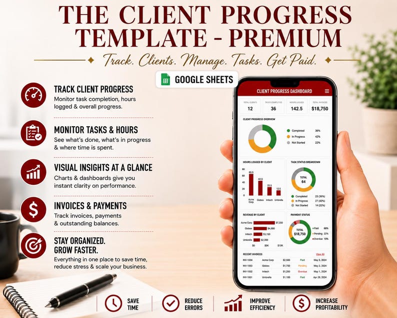 Peut inclure: Un mod&egrave;le num&eacute;rique de suivi client pour Google Sheets affich&eacute; sur un &eacute;cran de smartphone. Le tableau de bord pr&eacute;sente une image de marque rouge et blanche, montrant des graphiques, le statut des t&acirc;ches et des revenus. Texte : THE CLIENT PROGRESS TEMPLATE - PREMIUM.