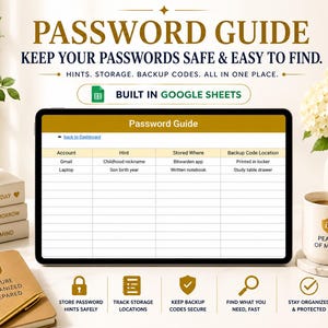 May include: A digital tablet displaying a "Password Guide" template, with prompts for account, hint, storage, and backup code locations. The image includes a notebook, a mug with "Peace of Mind" text, and decorative plants.