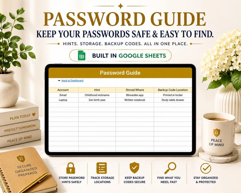 May include: A digital tablet displaying a "Password Guide" template, with prompts for account, hint, storage, and backup code locations. The image includes a notebook, a mug with "Peace of Mind" text, and decorative plants.