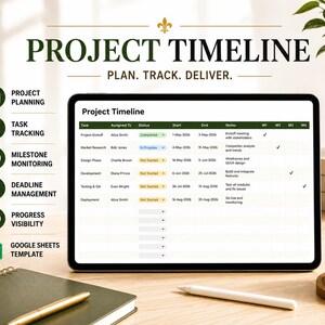 Op de afbeelding: Een tablet met een projecttijdlijn, met de tekst 'PROJECT TIMELINE' bovenaan. De afbeelding bevat een notitieboek, pen en koffiekopje, met pictogrammen voor projectplanning, taaktracking en deadline management.