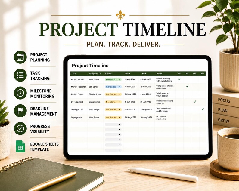 Op de afbeelding: Een tablet met een projecttijdlijn, met de tekst 'PROJECT TIMELINE' bovenaan. De afbeelding bevat een notitieboek, pen en koffiekopje, met pictogrammen voor projectplanning, taaktracking en deadline management.