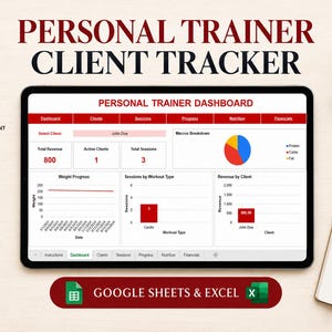 Könnte beinhalten: Ein digitaler Personal-Trainer-Client-Tracker auf einem Tablet-Bildschirm mit einem Dashboard, das Diagramme, Grafiken und Datentabellen enthält. Die Benutzeroberfläche umfasst Bereiche für Kundenverwaltung, Sitzungsverfolgung und Finanzübersicht.