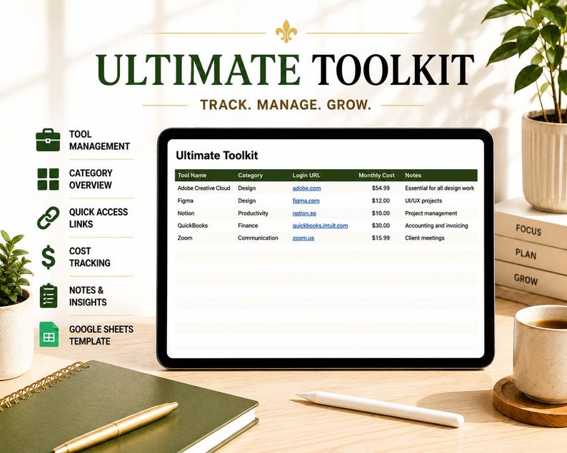 Op de afbeelding: Een digitale tablet toont de woorden "ULTIMATE TOOLKIT" en "TRACK. MANAGE. GROW." met een lijst met tools en hun kosten. Een gouden pen en een spiraalgebonden notitieboek liggen op het bureau. Een kopje koffie en een kleine plant zijn ook zichtbaar.