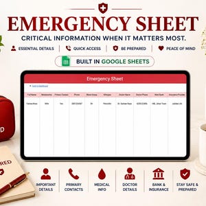 May include: An emergency sheet displayed on a tablet, with the title "EMERGENCY SHEET" in bold red letters. The image includes a first aid kit, a notebook with "BE PREPARED" on the cover, and a mug with "PEACE OF MIND".