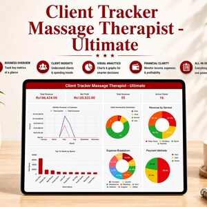 May include: A digital tablet displaying a "Client Tracker Massage Therapist - Ultimate" dashboard. The screen shows charts and graphs for business overview, client insights, visual analytics, and financial clarity. The tablet is on a wooden surface.
