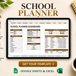 Op de afbeelding: Een digitaal schoolplanner-dashboard op een tabletscherm, met secties voor studentenprofiel, prestatie-tracking, opdrachten, examens, GPA en aanwezigheid, inclusief tabellen voor vakken, studiedoelen en aankomende taken en deadlines.